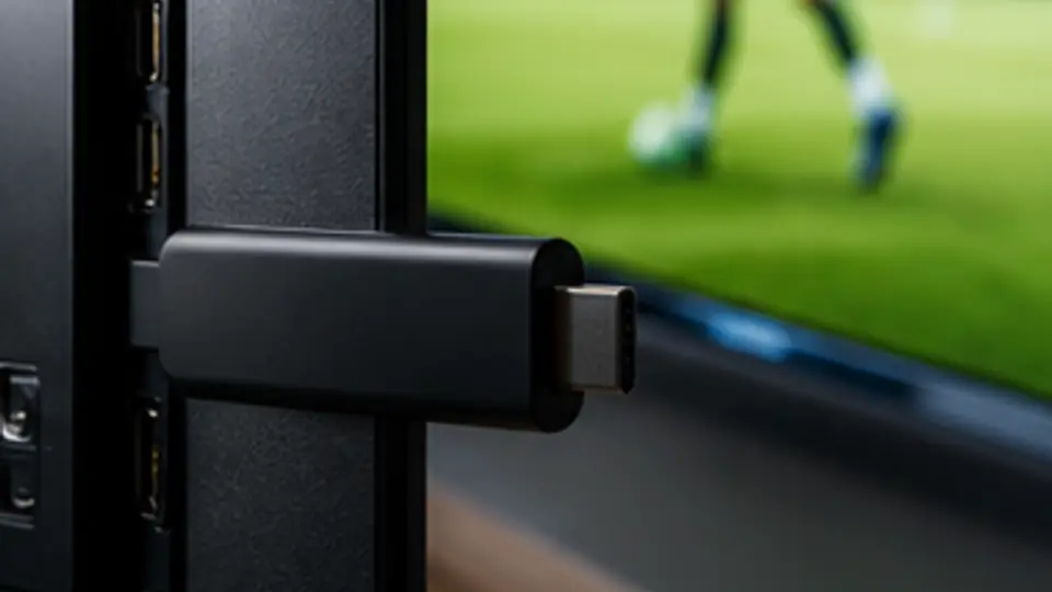 Streaming stick connected to a TV showing a football broadcast