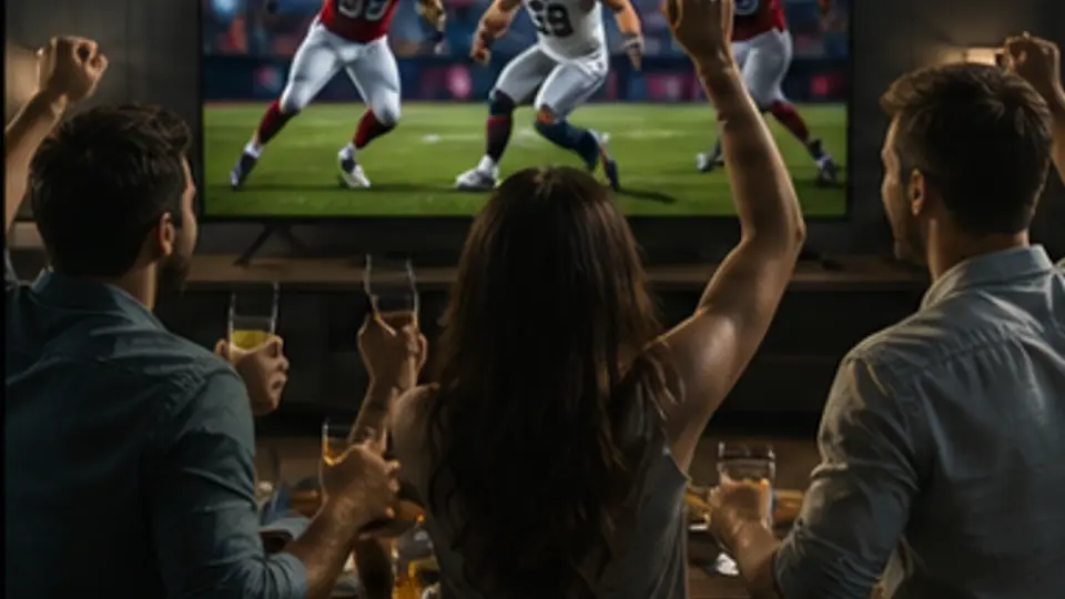 Friends watching a live American football game on TV