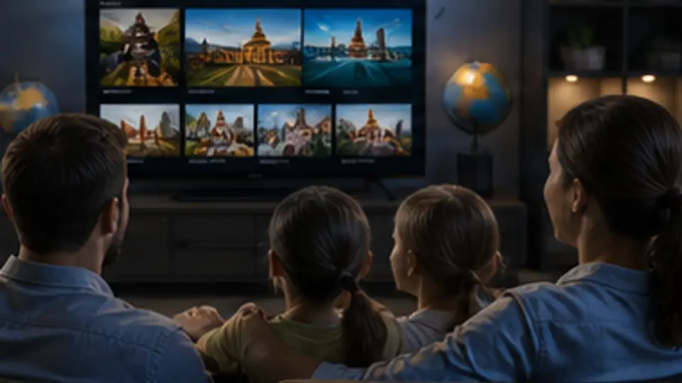Family watching international channels on a TV with a world map background