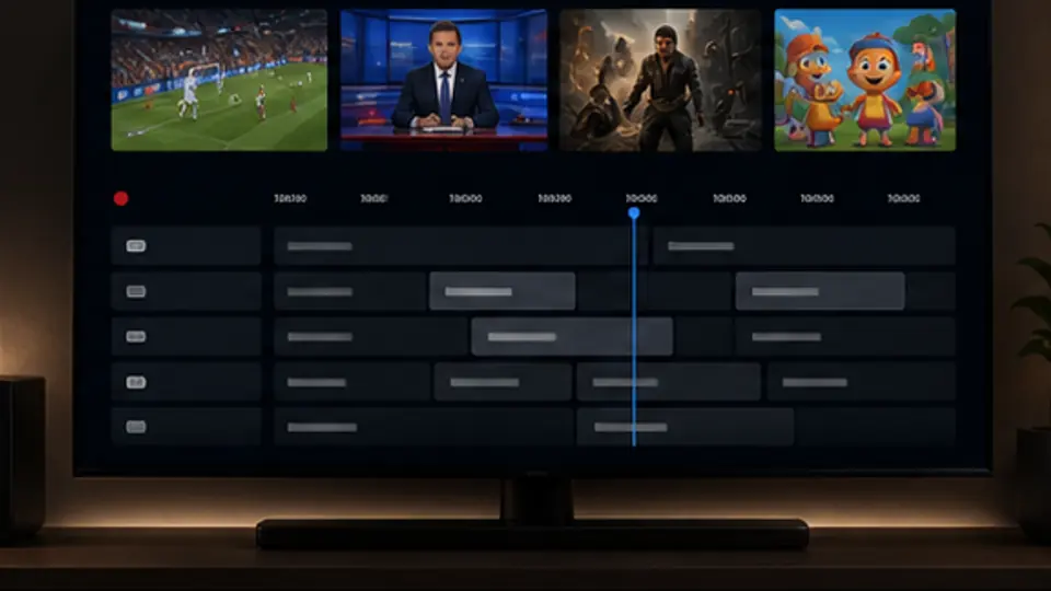 TV showing an IPTV channel grid and programme guide after setup